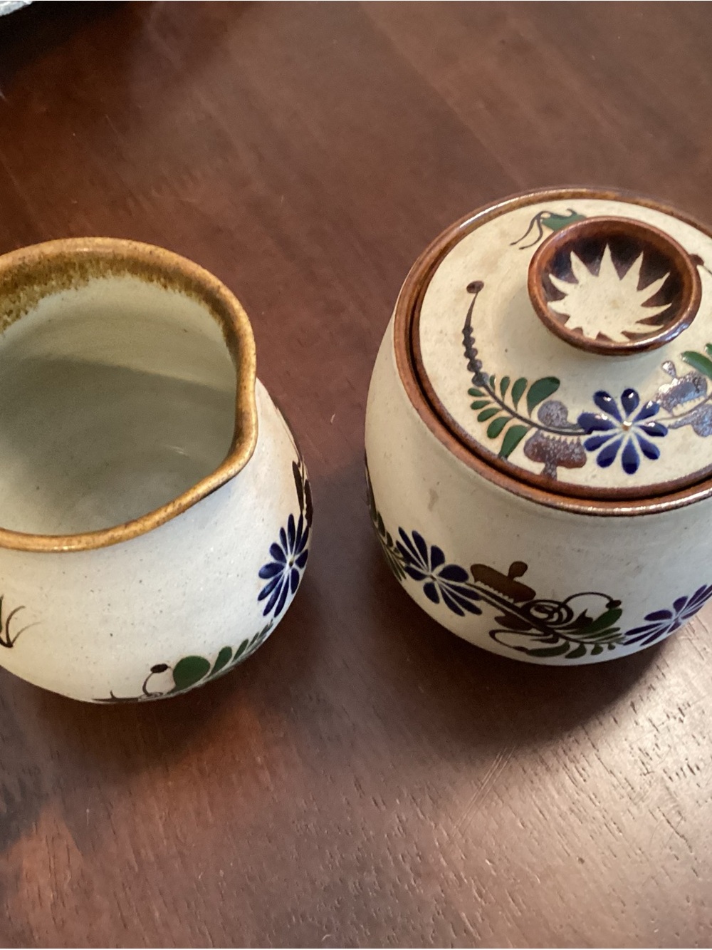 Mexican Tonala Hand-Painted Pottery- Sugar & Creamer - Floral White and Blue